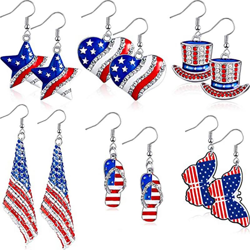 Independence Day Flag Hat, Slippers, Love Earrings, Red, White And Blue Striped Flag Earrings
