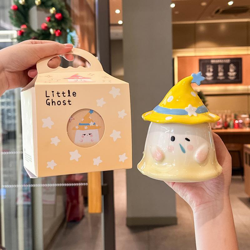 Søt og morsom spøkelseskopp, keramisk jentekopp med lokk, suvenir, praktisk gaveeske til gutter, bursdagsgave.