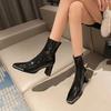 Square Metalic Toe Boots Woman  Shoes Winter Japanned Leather Chunky High Heels Ankle Botas Mujer Motorcycle Chelsea Booties