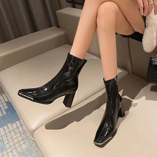 Square Metalic Toe Boots Woman  Shoes Winter Japanned Leather Chunky High Heels Ankle Botas Mujer Motorcycle Chelsea Booties