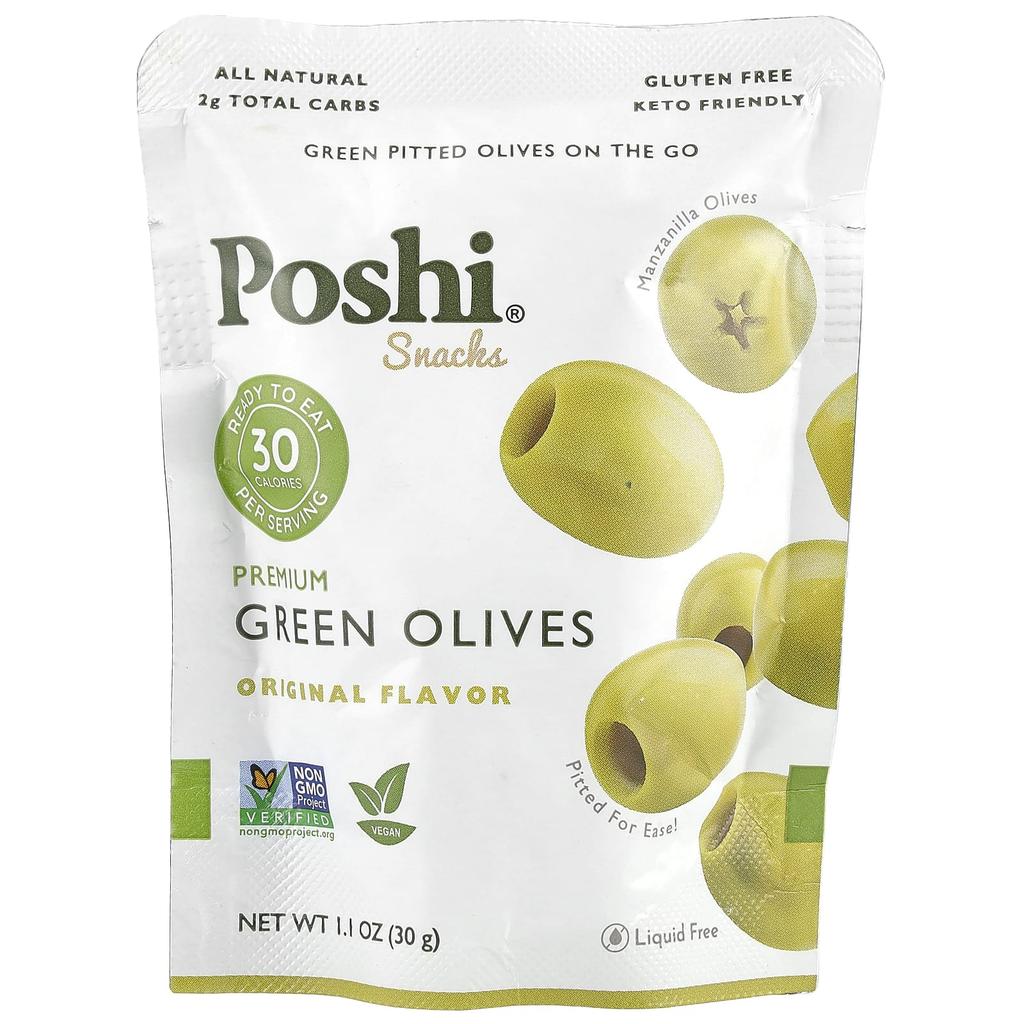poshi Svačina, Prémiová zelená oliva, Originální, 1,1 oz (30 g)