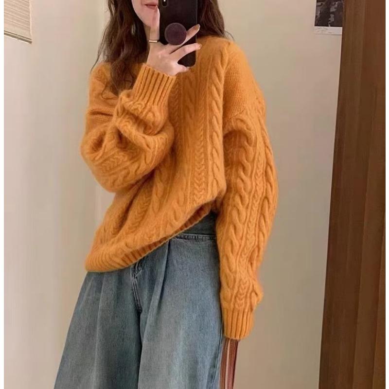 Soft waxy twist lazy knitted sweater for women's autumn and winter new casual thick loose pullover sweater top for women