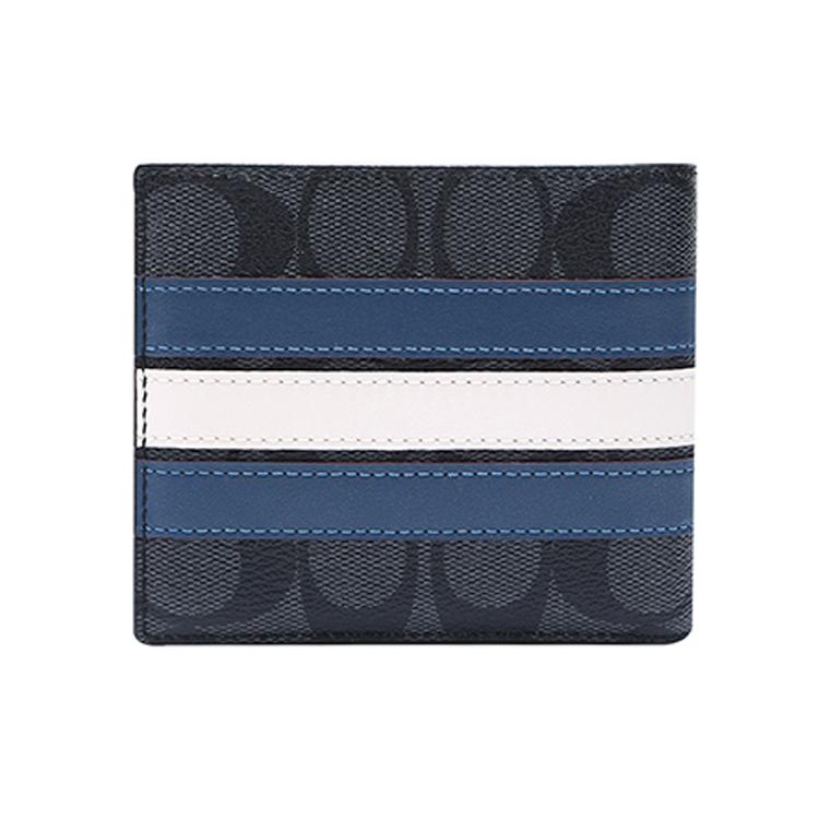 New COACH 3 IN 1 Wallet Canvas With Leather 3 in 1 Wallet Men's Old Flower Black/Blue White Stripes 3008-QBOH0