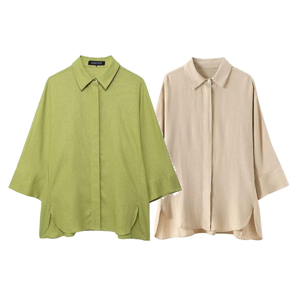 Damski zestaw lniany w stylu europejskim i amerykańskim: koszula z szerokimi rękawami i spodnie z prostymi nogawkami na gumce