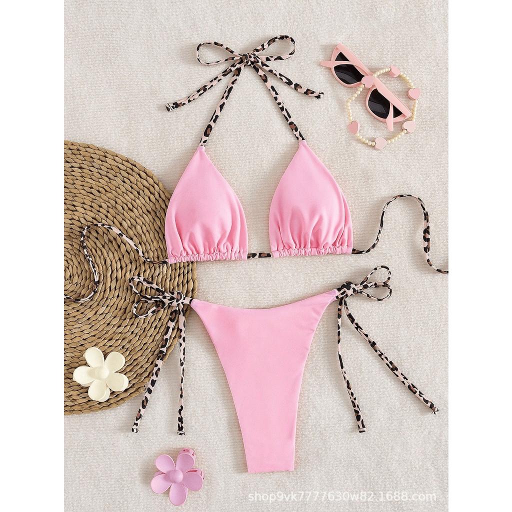 Ladies' Fashion Leopard Print Lace Up Bikini Swimsuit, Beach Vacation Set