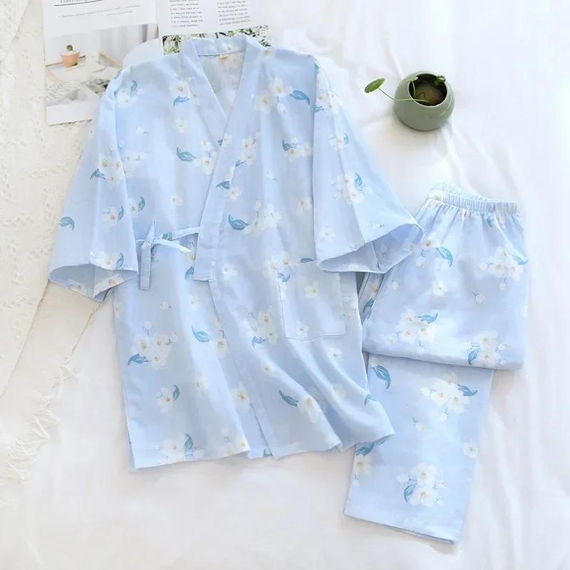 Yedi Kollu Kimono Pijama Seti Kadın İlkbahar ve Sonbahar %100 Pamuk Gazlı Bez Ev Giyim Şirin Tatlı
