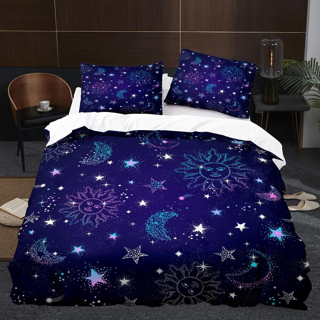 Ancient Sun Moon Duvet Cover Set King Queen Size Purple Lilac Colorful Galaxy Psychedelic Boho Mandala Polyester Bedding Set