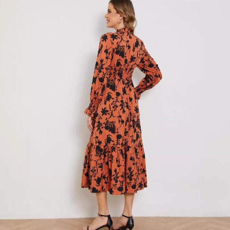 Orange New Long Dress For Women V Collar Pullover Lantern Sleeves A-line Floral Print Elegant Ladies's Dress