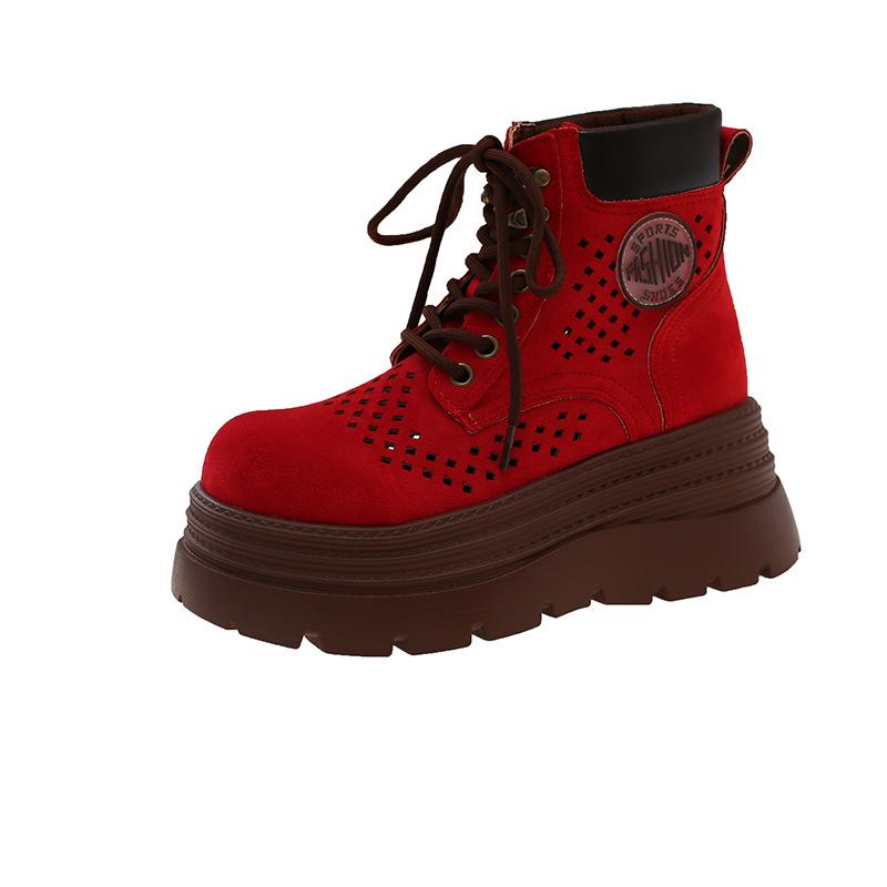 

Thick-soled hollow breathable short boots rhubarb boots women s 2025 summer new versatile Internet celebrity explosion lace-up Martin boots 40 красный