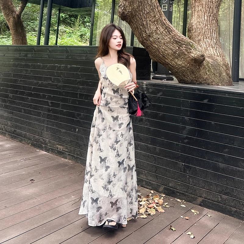 Cold Ink Butterfly Floral Suspender Dress Women's 2026 Summer New French Chic Slim Temperament Dress