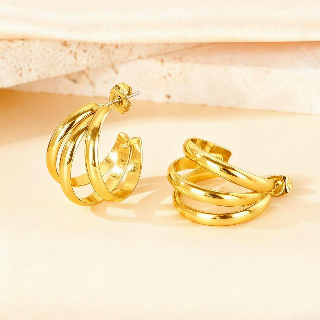 Gold Titanium Steel Multilayer Hoop Earrings - Light Luxury, Colorfast, High-End Feel