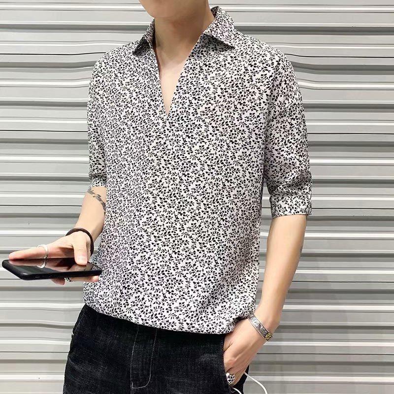 

Men s 2024 Korean Loose Floral Five-Point Sleeve Shirt – Trendy Short Sleeve L белый