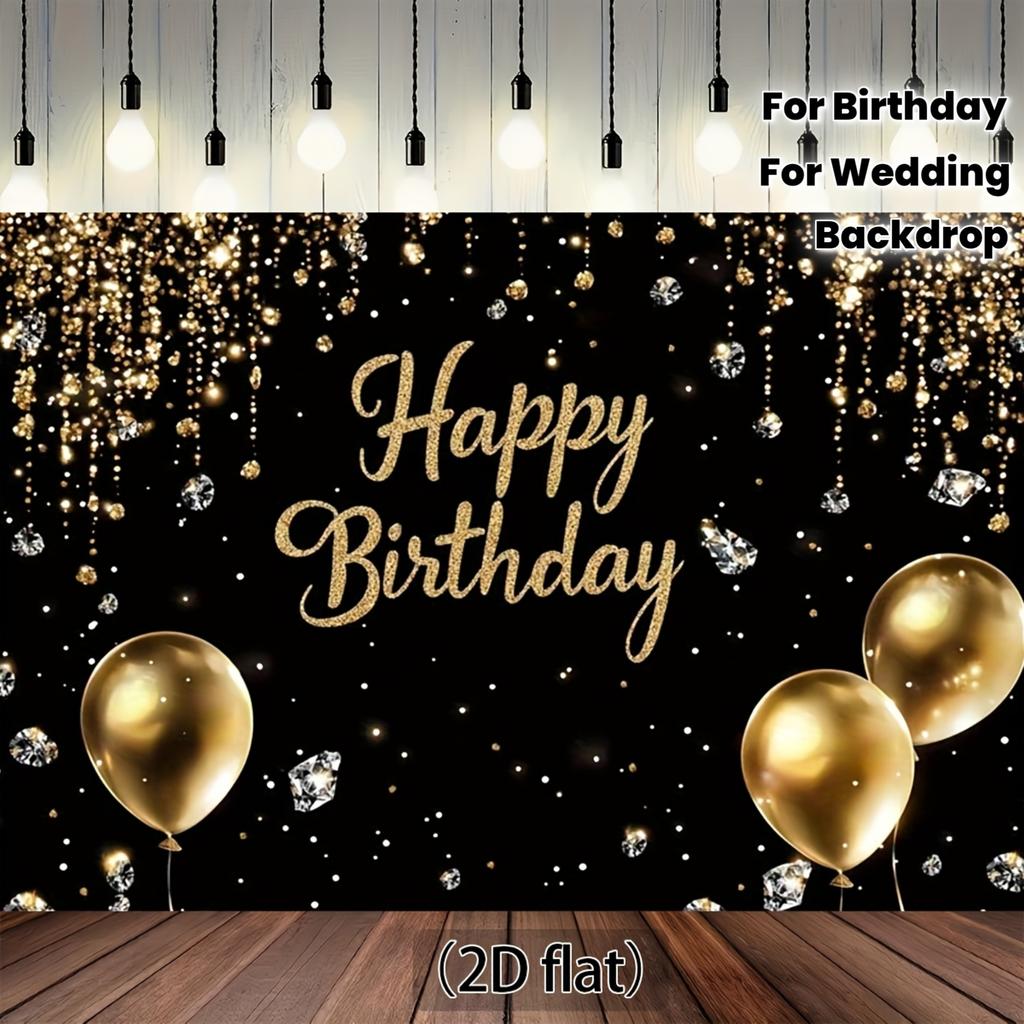 2D plane 1 luxurious black and gold diamond glitter birthday banner - 2D polyester fiber photo background cloth.PMJ