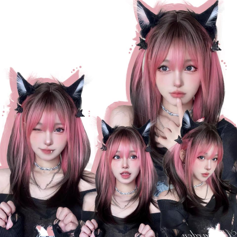 Pink Siamese Cat Gradient Synthetic Wig Female Lolita Gradient Long Hair Collection Gradient New Cos Full Head Cover