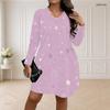 Women Plus Size V Neck Long Sleeve Printed Light Purple Loose Fit Curved Hem Dress