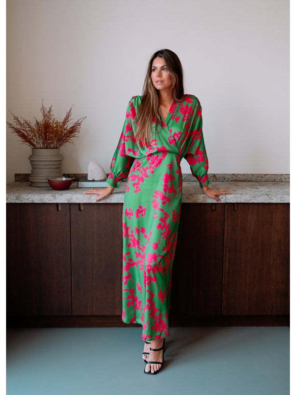 Elegant Autumn 2025 Floral Lantern Sleeve V-neck Long Dress for Women S зелёный