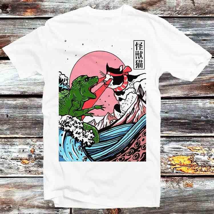 

Horror Dinosaur Cat The Great Wave Off Kanagawa Catzilla Hokusai T Shirt B445 XL