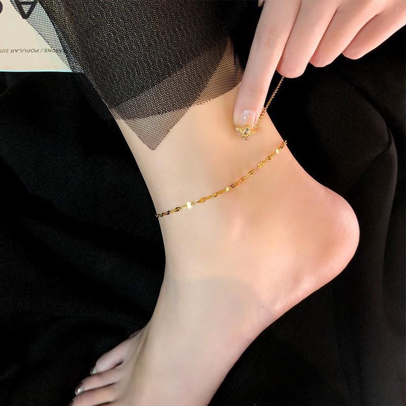 

Tide 18K Gold Double-Layer Heart Anklet - Titanium Steel, Non-fading, Versatile Luxury Foot Chain for Women