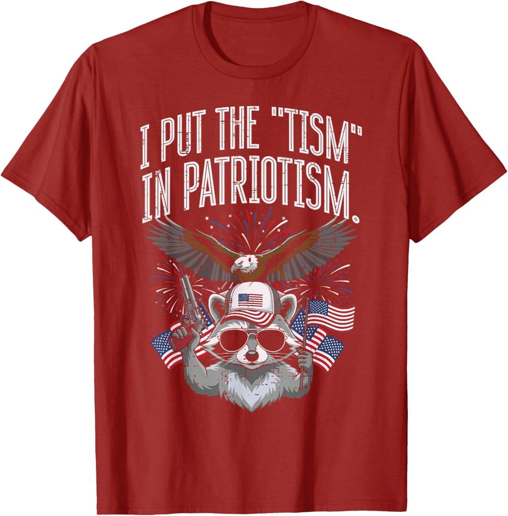 I Put The Tism In Patriotism Raccoon Funny Graphic Print Round Neck Cotton T Shirt Casual Tops