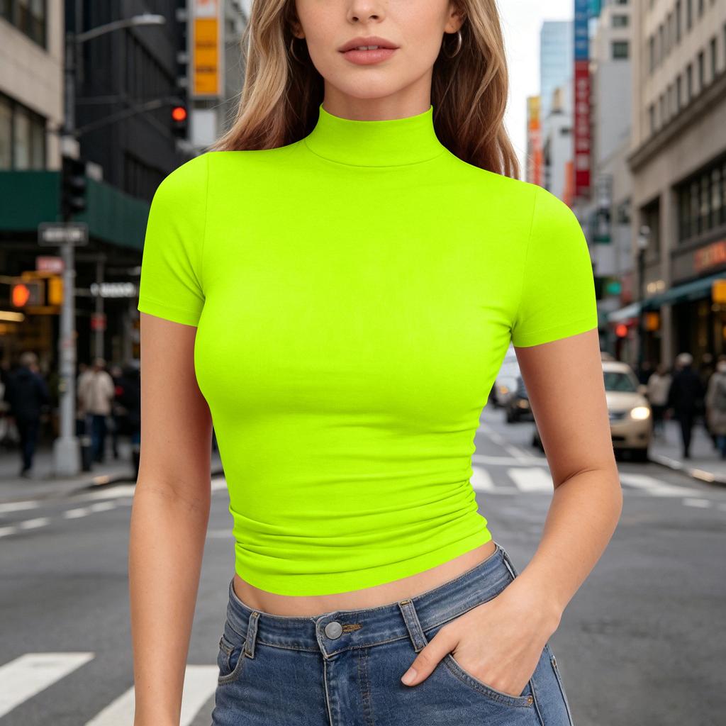 Dames T-shirt met korte mouwen, slank gesneden, met opstaande kraag, rekbaar, lichtgewicht, ademend, basic top voor dagelijks gebruik