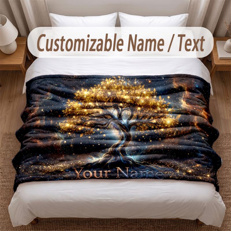 Tree of Life Theme Soft Blanket Personalized Custom Name Text Print Warm Blanket Home Sofa Bedroom Decor