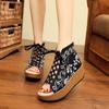 Fashion 2025 New National Style Embroidery Shoes High Heel Fish Mouth Thick Platform Muffin With Cloth Retro Women's Shoes Sandals