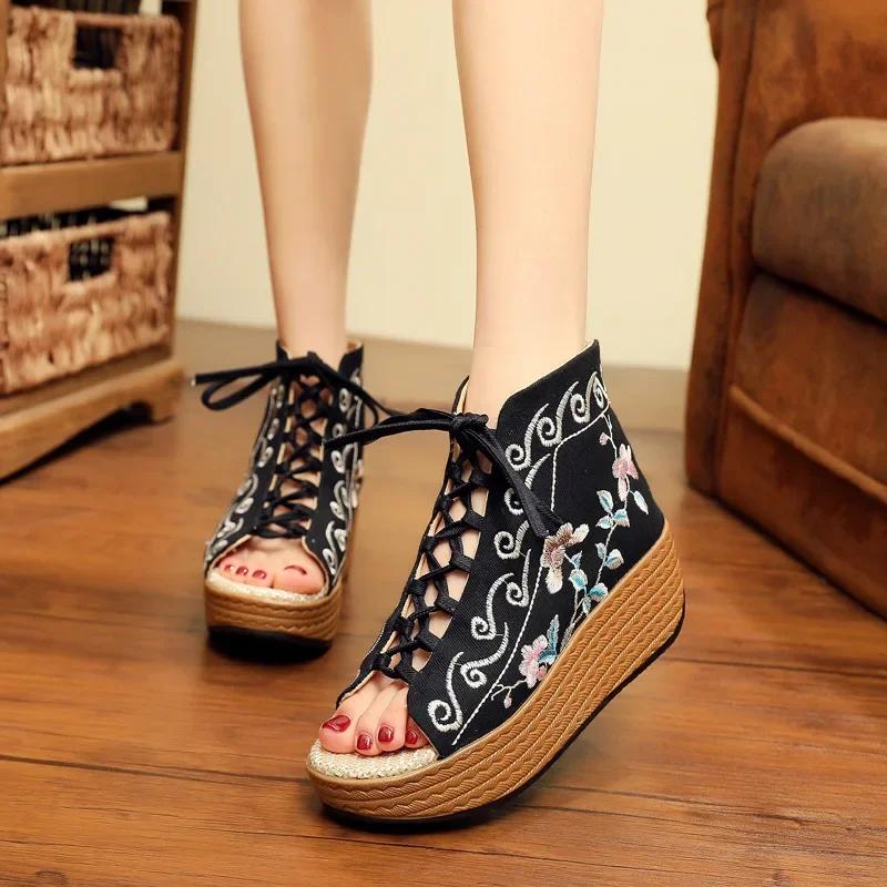Fashion 2025 New National Style Embroidery Shoes High Heel Fish Mouth Thick Platform Muffin With Cloth Retro Women's Shoes Sandals