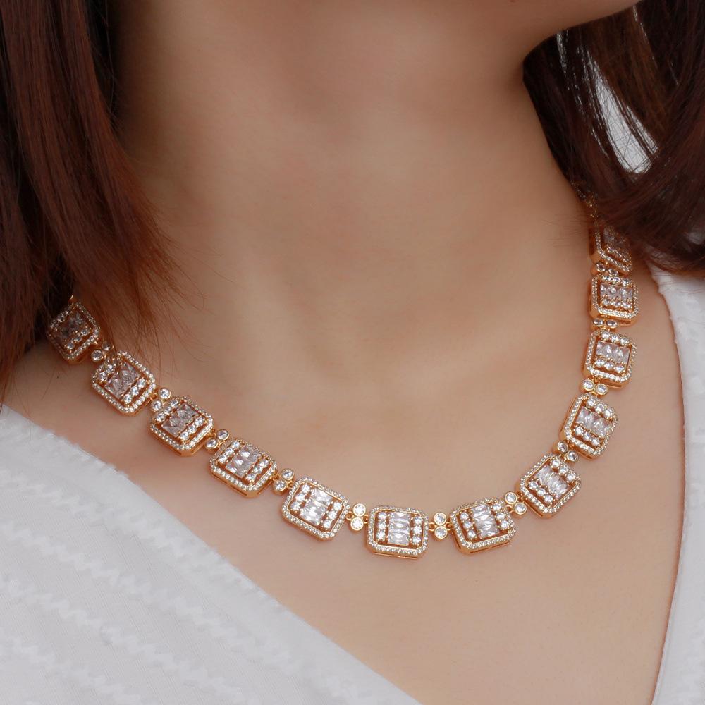 Copper Earrings Bracelet Necklace Set Jewelry Wedding Dinner Party Zircon Set Chain