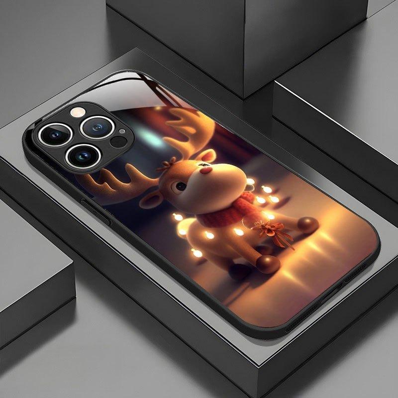 

Christmas Deer Pattern Tempered Glass Material Phone Case For iPhone 17 16 15 14 Pro Max 13 12 11 16E 17Air 7 Plus XR XS X Cover iPhone 12 Pro Max