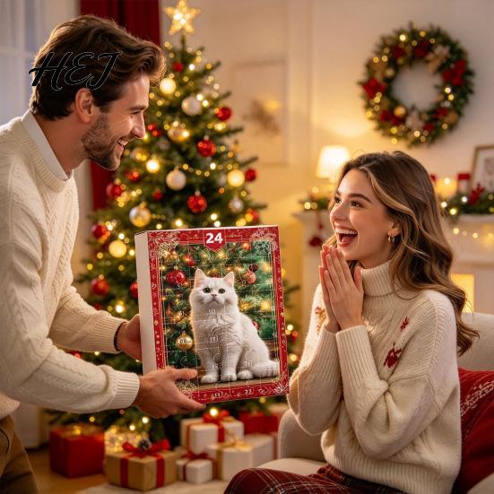 Holiday Countdown Gift Box 24 Day Cat Advent Calendar with Acrylic Christmas Ornaments, 2D Flat Animal Themed Ornaments Hanging Decorations, Xmas Tree