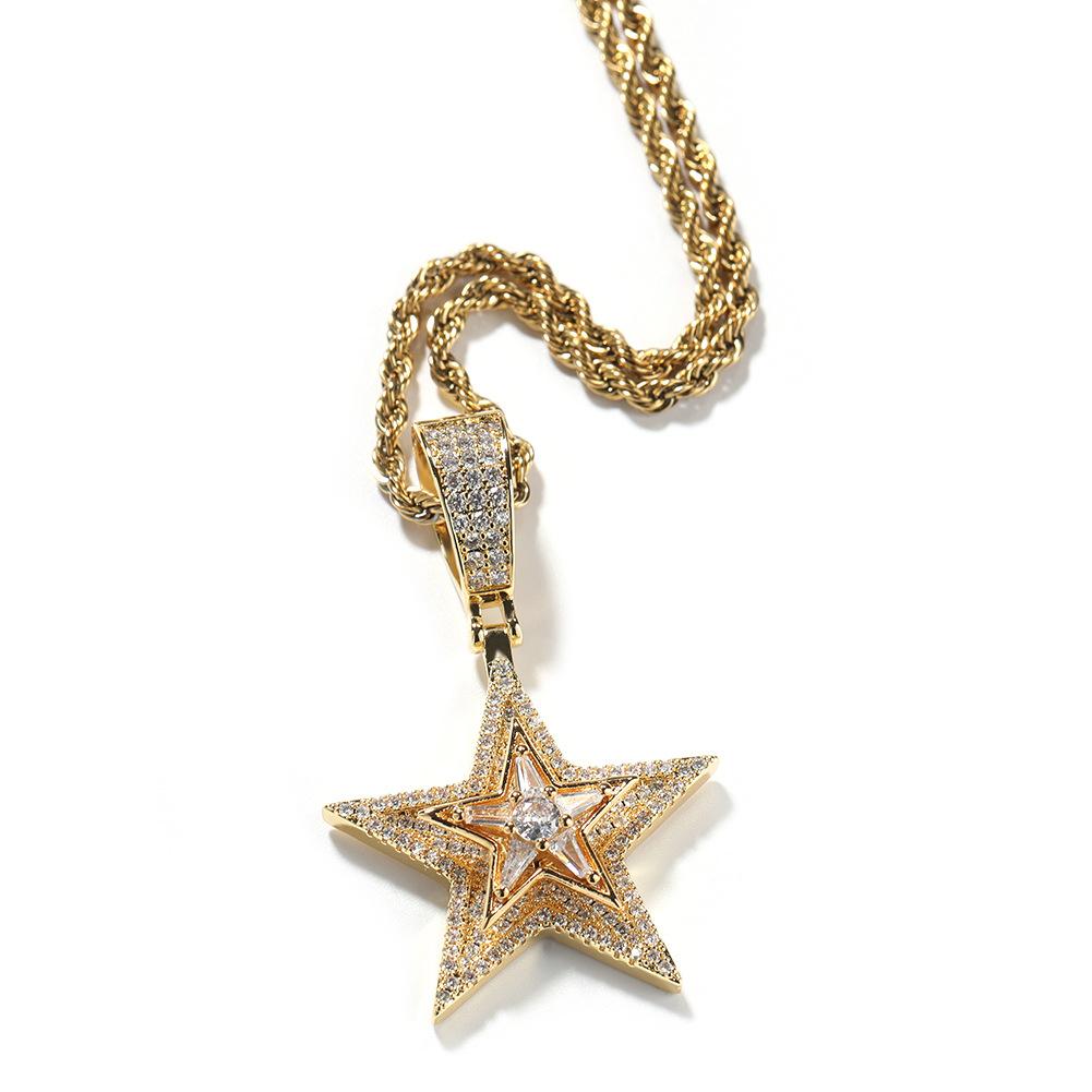 Wind hip-hop diamond-encrusted rotating pentagram pendant necklace explosive trend street
