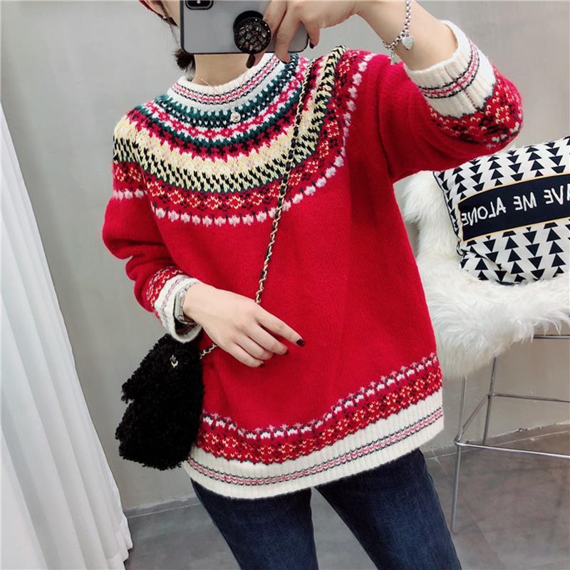 

Милый и свободный пуловер с круглым вырезом, женский свитер за пределами Европы, весна-осень 2022, женский повседневный пуловер с длинными рукавами, свитер One Size красный