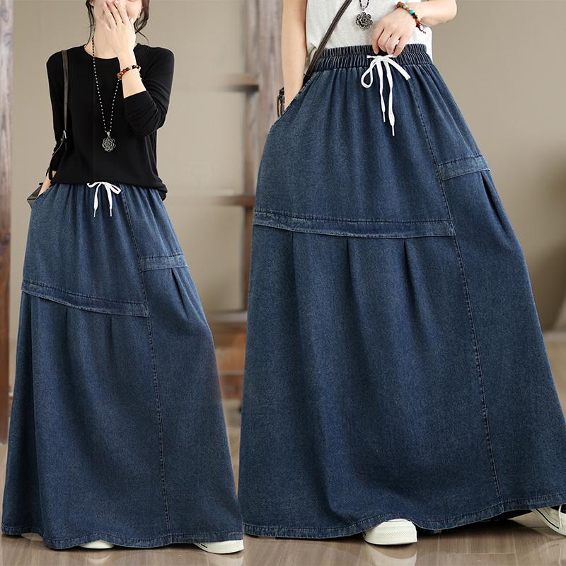 DIMANAF 2026 Autumn Winter Women Plus Size Denim Long Skirts Trousers Bottoms Cotton Loose Casual Oversize Denim Blue Skirt