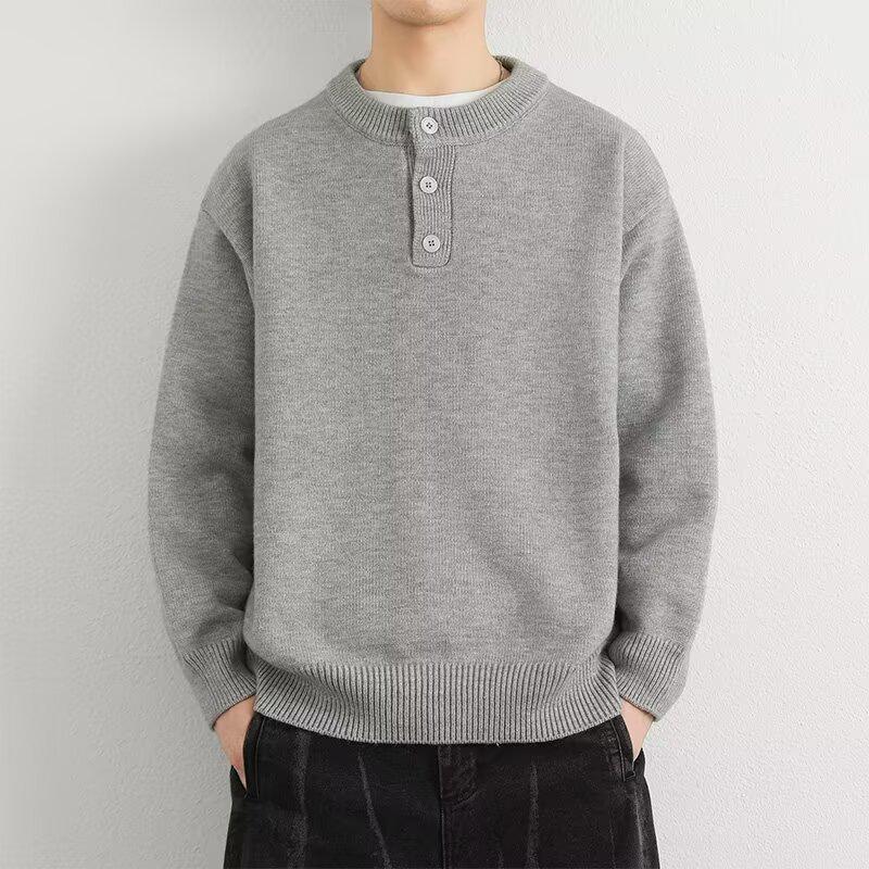 2025 Men's High-Quality Solid Color Retro Henley Knitwear for Autumn/Winter