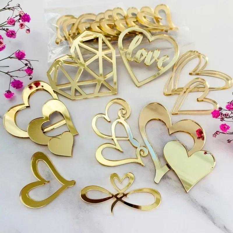 10Pcs Golden Heart Acrylic Cake Topper Valentine's Day Cupcake Decorations Anniversary Wedding Party Cake Toppers Kitchen Tools