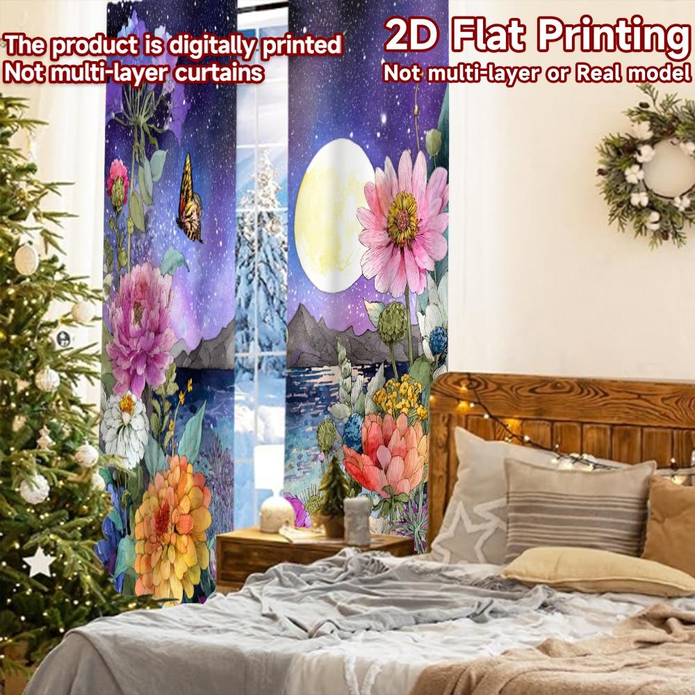 2 Stück, 2D-FLACHDRUCK Vorhänge (Ohne Stange) Mondbeschienene Blüte(1) Weihnachtsfest Minimalistische Vorhänge Maschinenwaschbarer Stoff