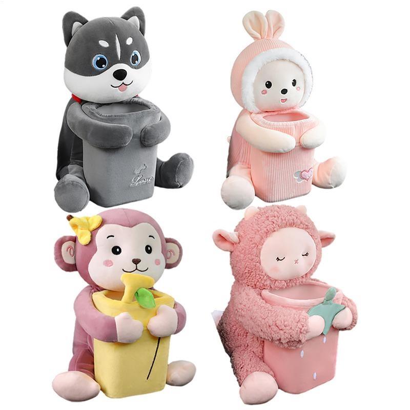 2 In1 Cute Cartoon Car Tissue Box With Ashcan Creative Plush Tissue Box Holder Auto Armrest Box Car Garbage Can for car interior