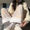 Women's Fleece-Lined Rainbow Sticky Rice Wide-Leg Pants: Warm High-Waist Casual Knitted Trousers for Autumn Winter