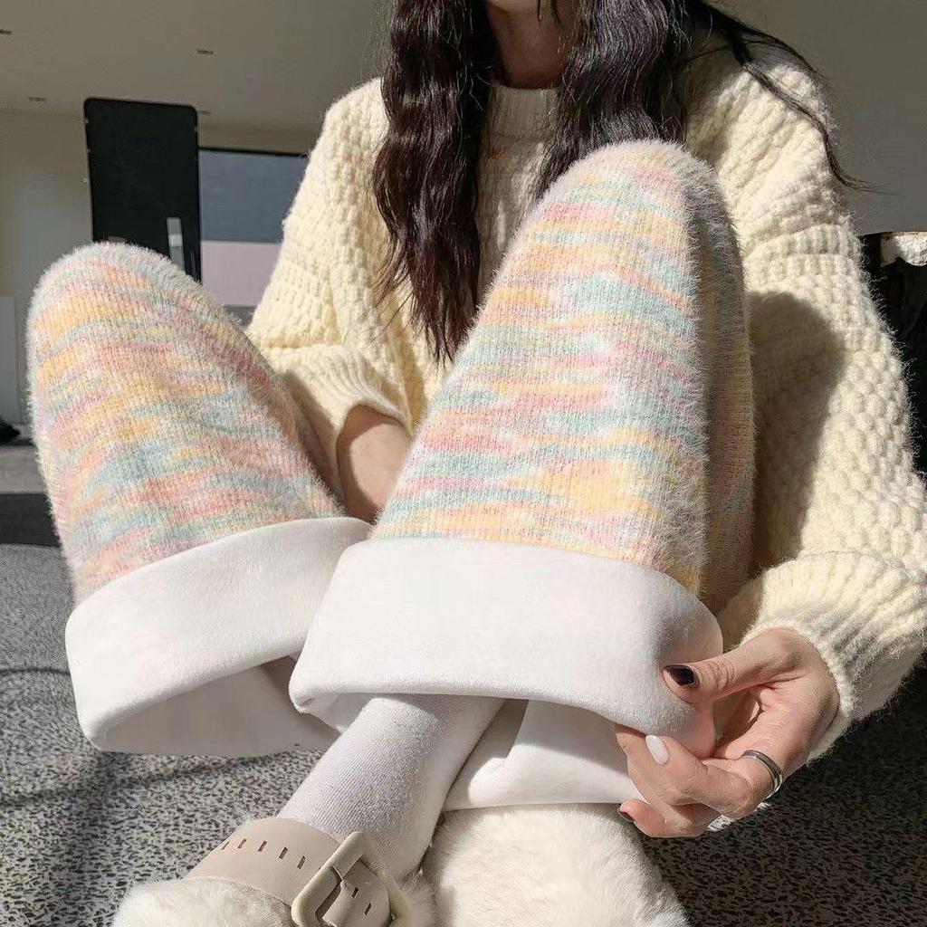 Women's Fleece-Lined Rainbow Sticky Rice Wide-Leg Pants: Warm High-Waist Casual Knitted Trousers for Autumn Winter