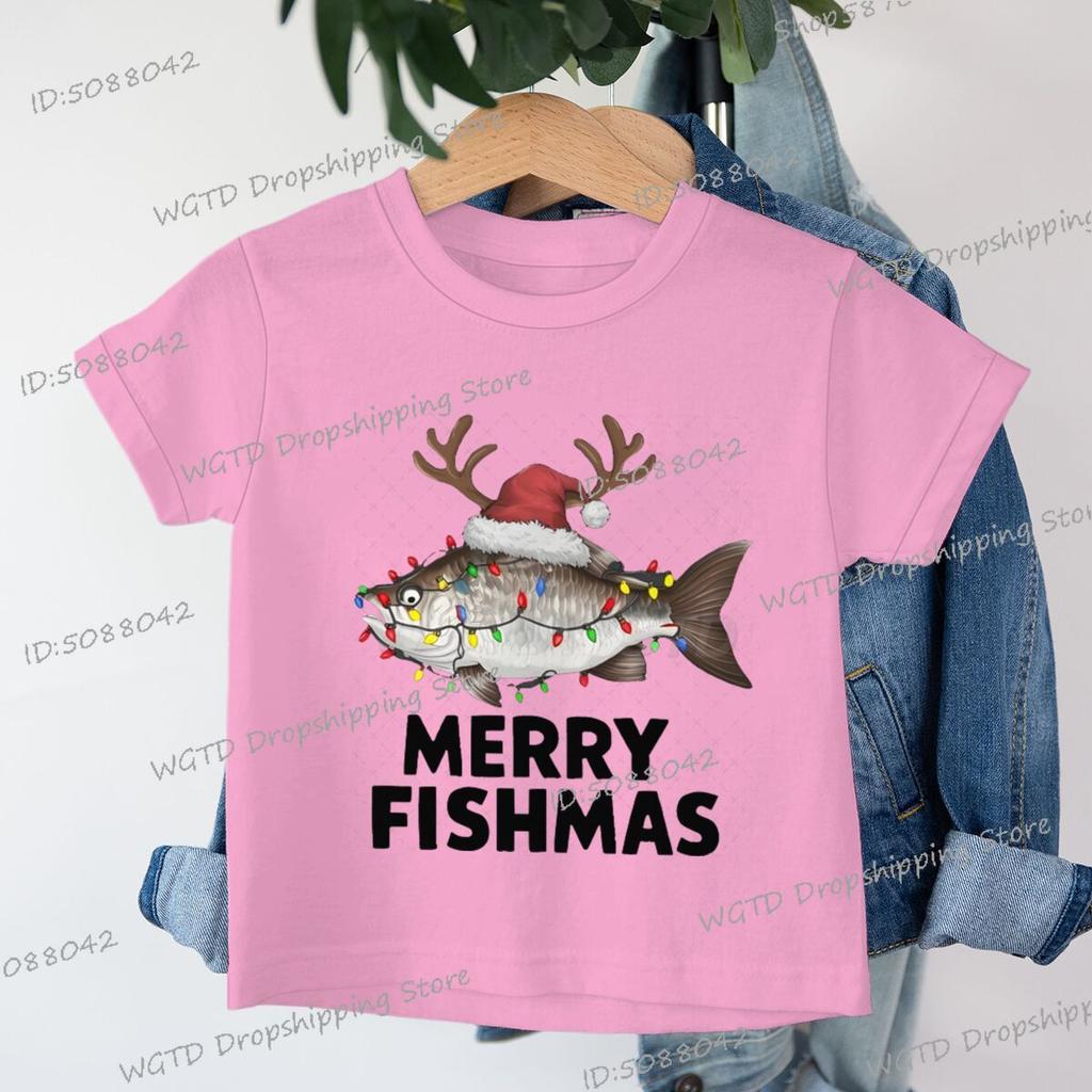 Merry Fishmas Print Christmas T-shirts Short Sleeve Boys Girls Fashion Christmas Clothes Cartoon Hip Hop Wild Xmas Tees
