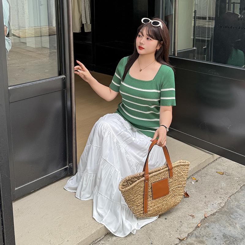 Large size women's clothing square neck contrasting striped knitted sweater summer and Korean version thin short-sleeved T-shirt 212101