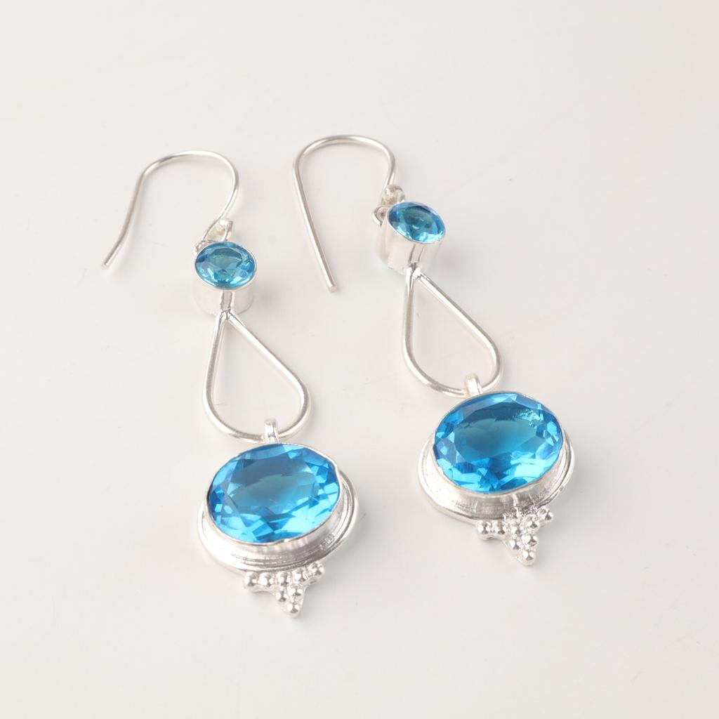 Rare Swiss Blue Topaz Gemstone 925 Solid Silver Jewelry Handmade Earrings 2.50" EE-132-9