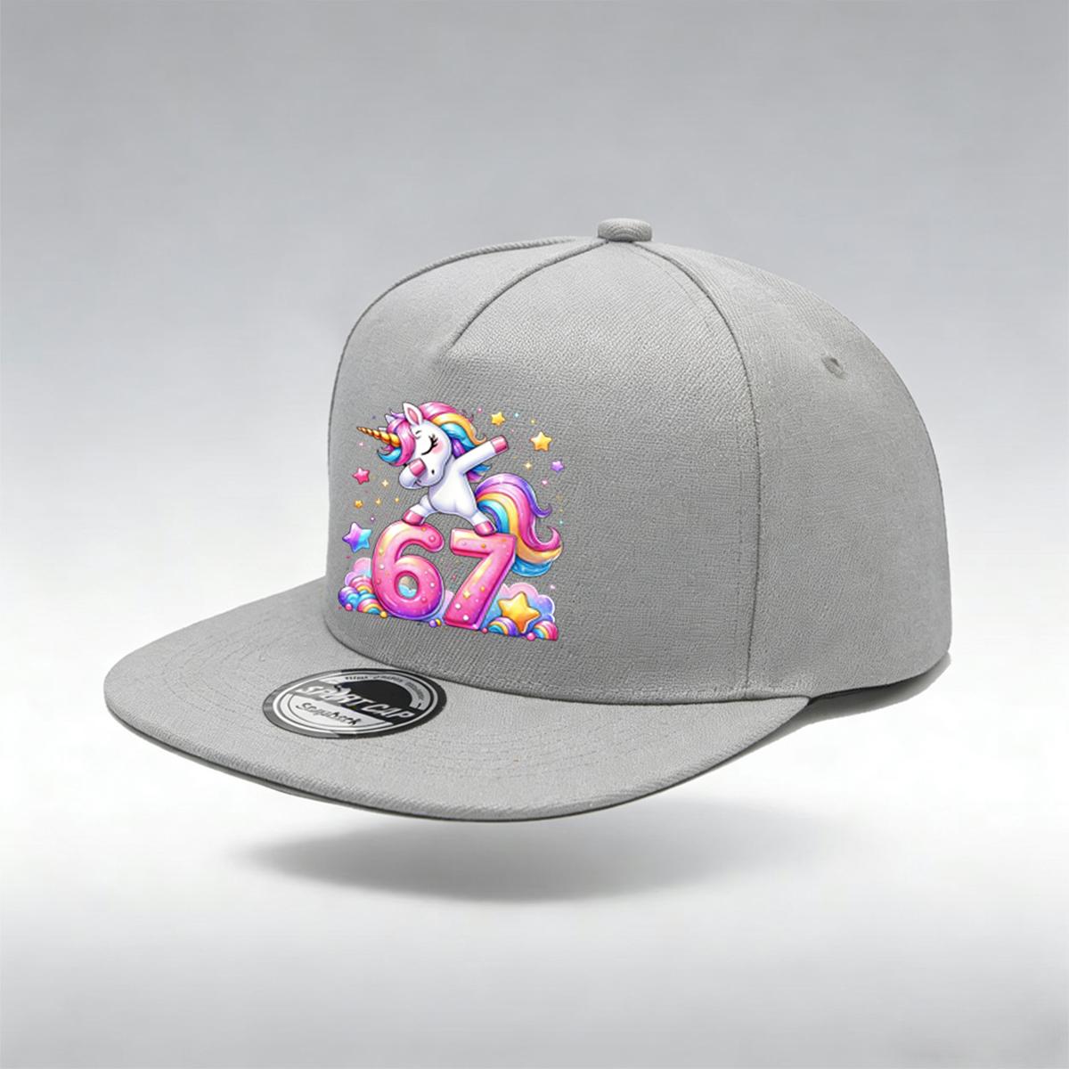 

1/2PC Flat Brim Snapback Hat, Breathable, Cute Unicorn 67 DAB Print, Dopamine Streetwear for Men Women сірий