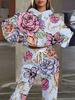 Europe And The United States New Fashion Leisure Sports Hooded Flower Print Sweater Set
