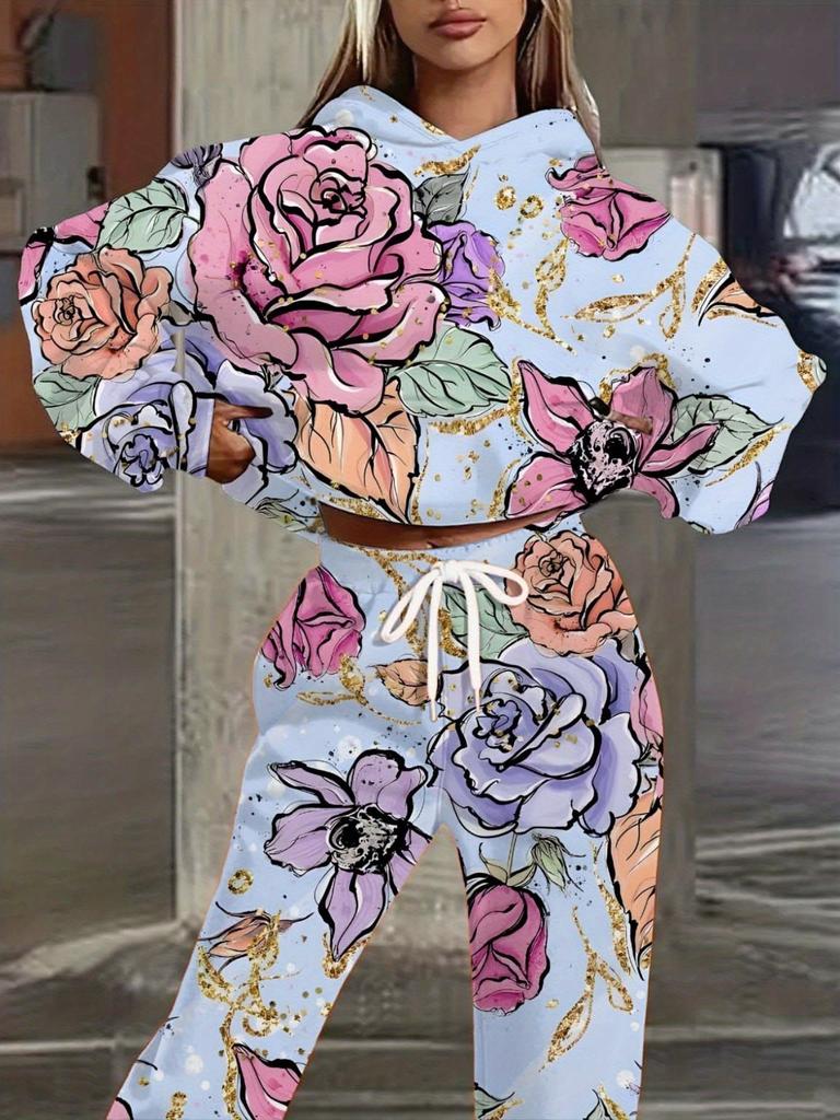 Europe And The United States New Fashion Leisure Sports Hooded Flower Print Sweater Set