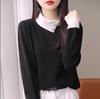 Women Winter French Color‑Block Turn‑Down Collar Knit Sweater Long Sleeve Pullover Wool Blend Base Top