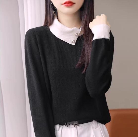 Women Winter French Color‑Block Turn‑Down Collar Knit Sweater Long Sleeve Pullover Wool Blend Base Top