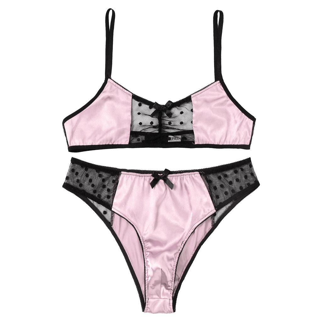 Sissy Lingerie Nightwear for Men Satin Sheer Mesh Bra Top Adjustable Spaghetti Straps with Matching Thong Briefs