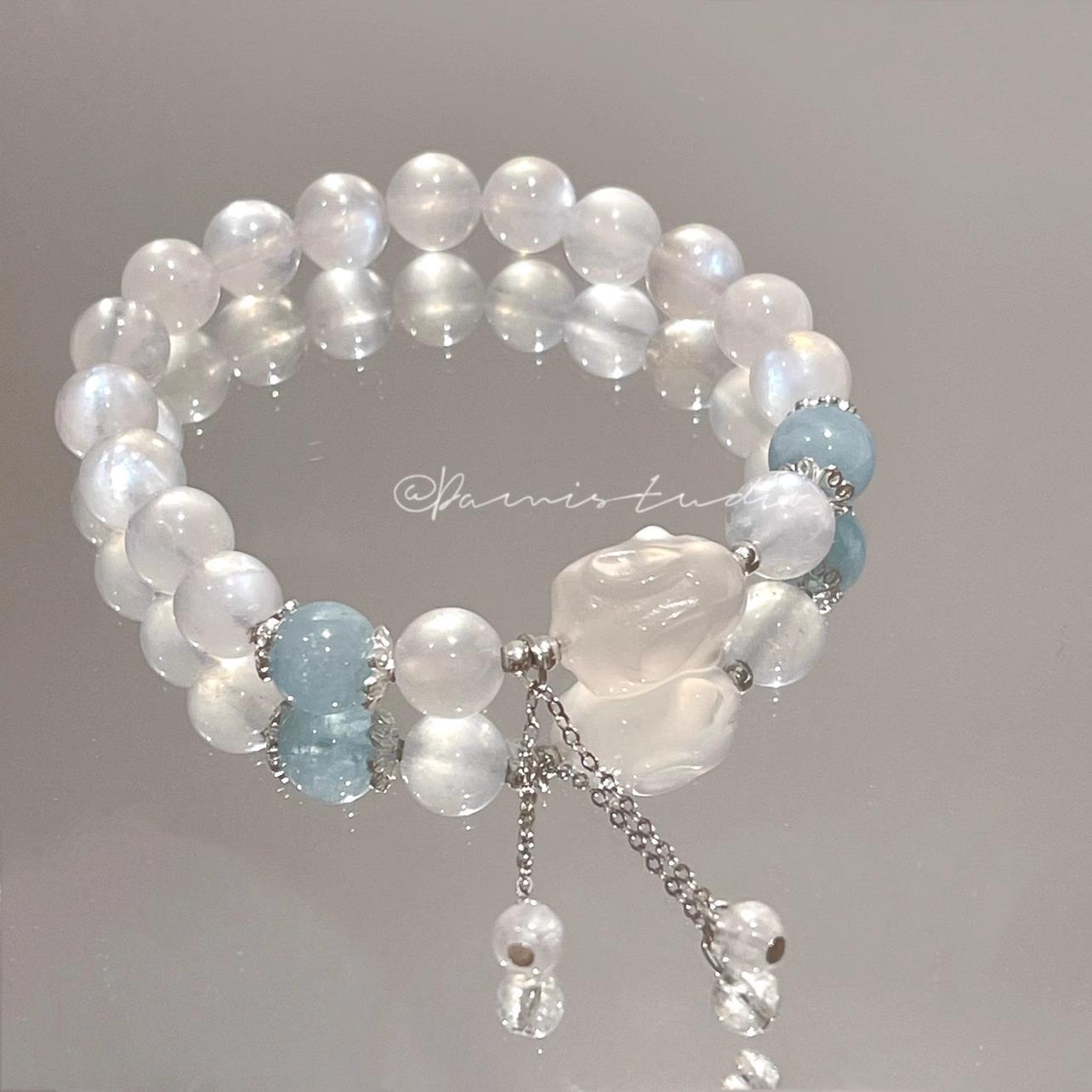 Natural Moonstone Bracelet for Women, Lychee Moonstone Jewelry, Women s Gift, New Chinese Style, Trendy Aquamarine Bracelet Gray Moonlight Lychee Jel