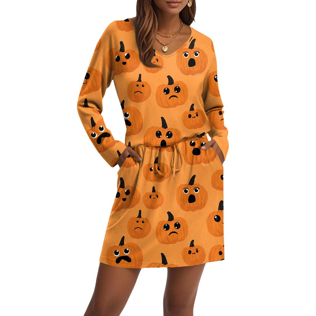 Dámské módní šaty s V výstřihem, dlouhým rukávem a stahovací šňůrkou, s kapsou, s halloweenským potiskem, ležérní